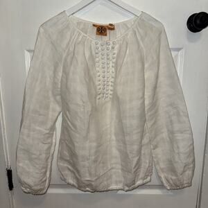 Tory Burch Women’s 100% Linen White Blouse Size 6 Buttons Balloon Sleeve